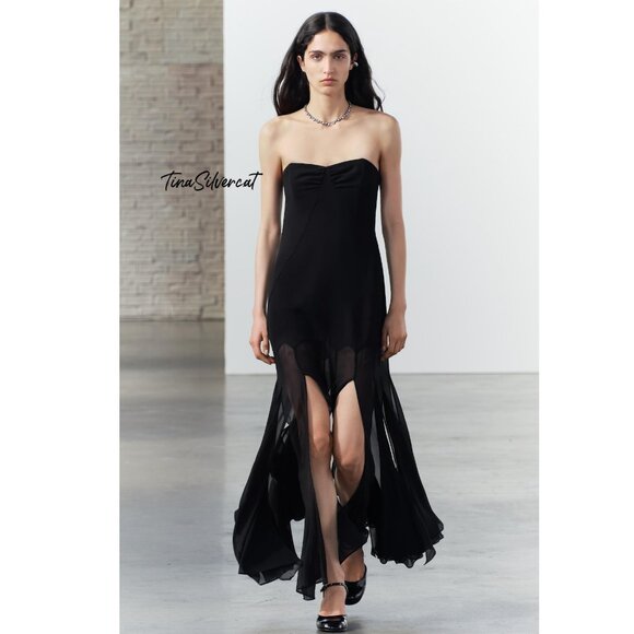 BLOGGER'S FAVE! Zara Semi Sheer Strapless Midi Dress Black NWT - Picture 8 of 14